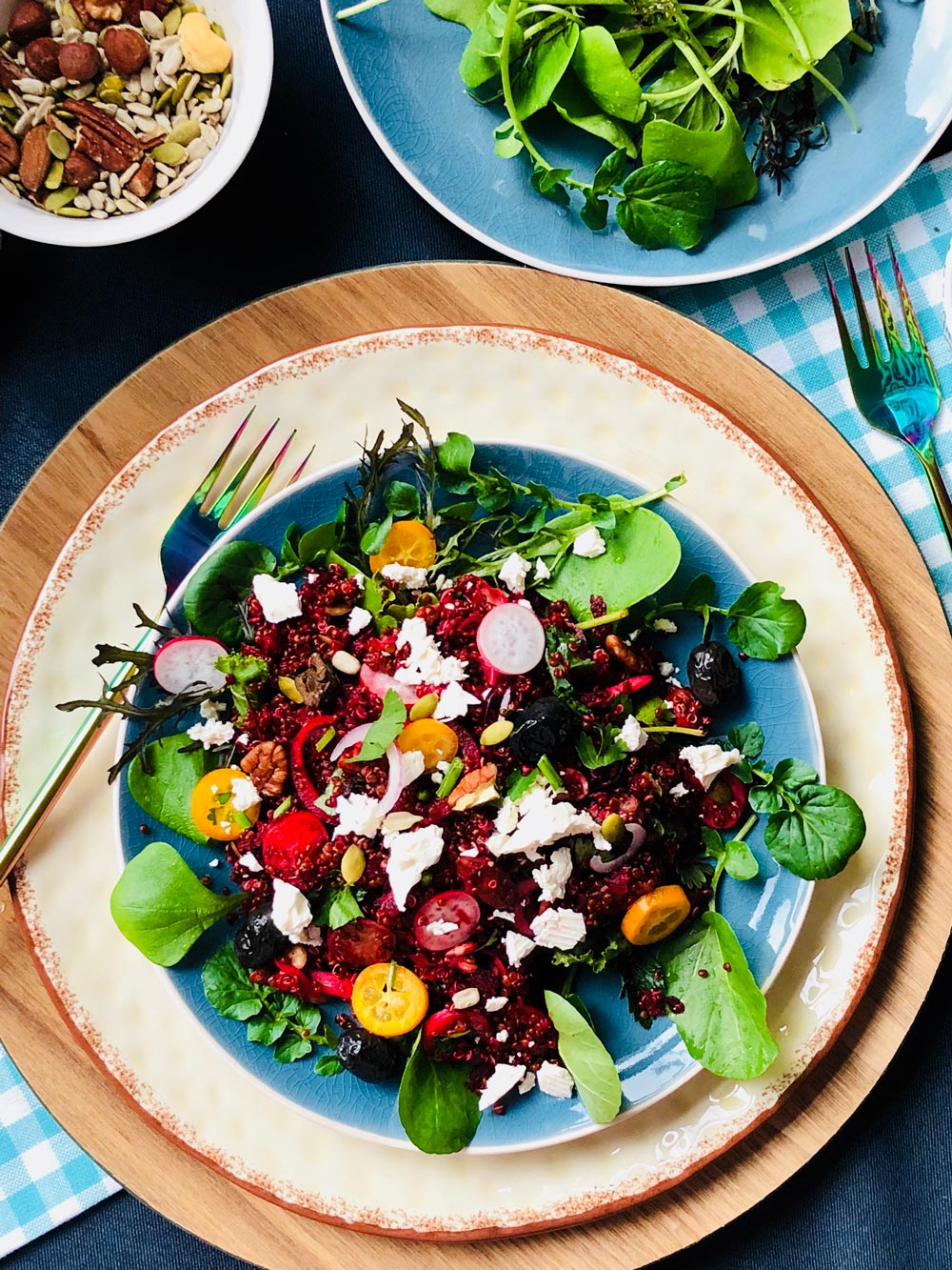 Red quinoa with beets, olives, red onion and feta salad