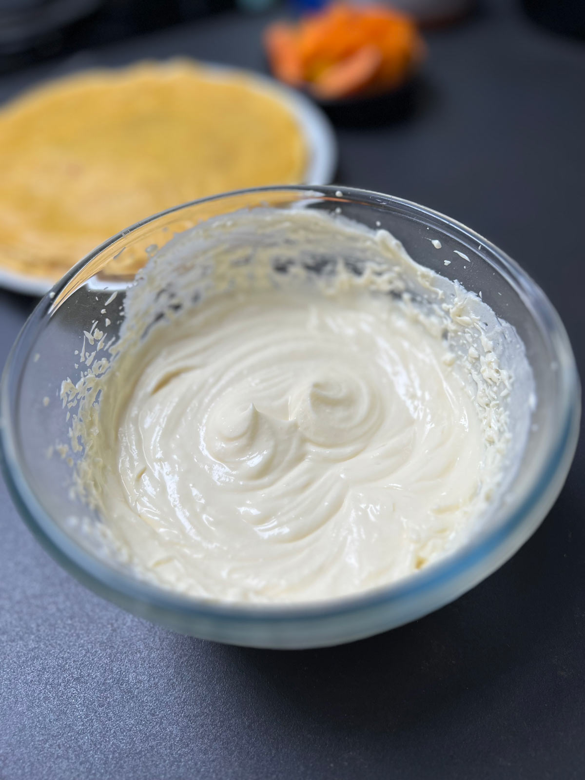 Whipped pancake filling in glass bowl.