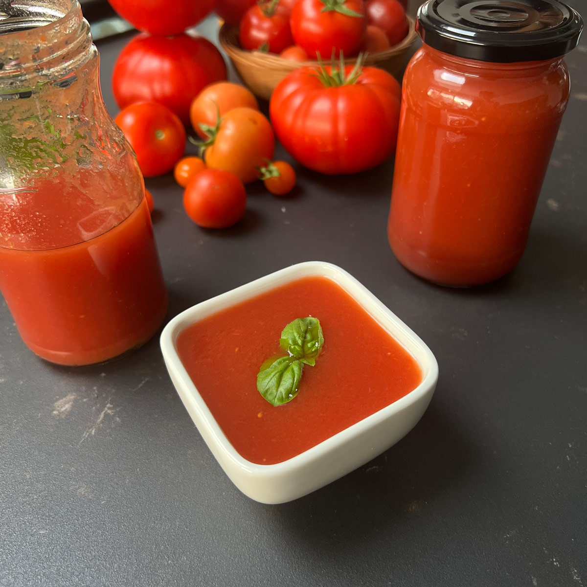 Passata in a small square-ish dish with a basil leaf over in the middle.