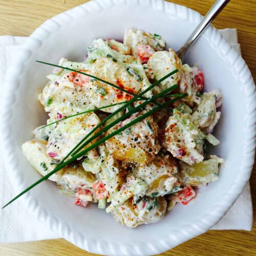 This potato, cucumber and garlic salad is an adventurous salad recipe, and you can get creative with the ingredients.