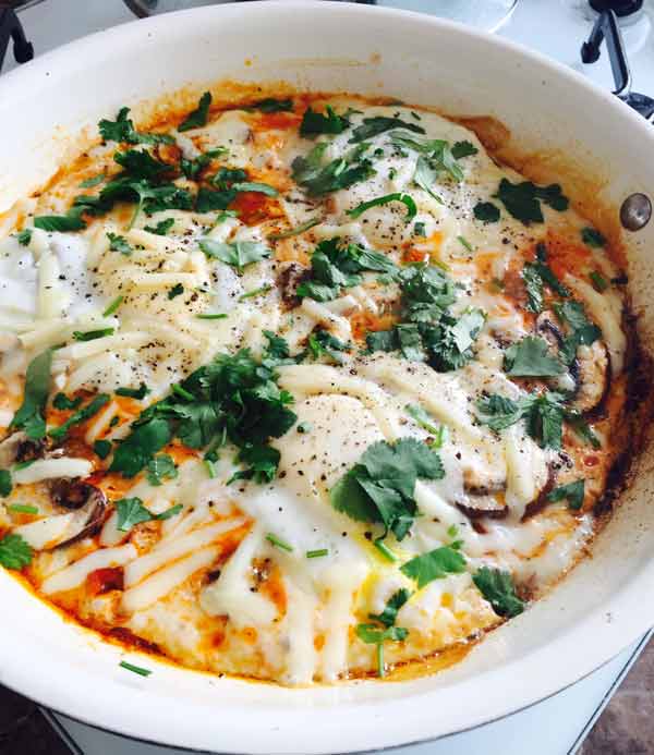 Potato base pizza, in a white bowl