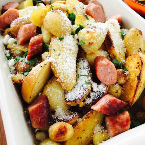 This potato, sausage and parmesan cheese bake is a comfort food that you would want to eat over and over again.