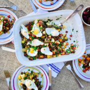 Quail eggs, potato and mushrooms