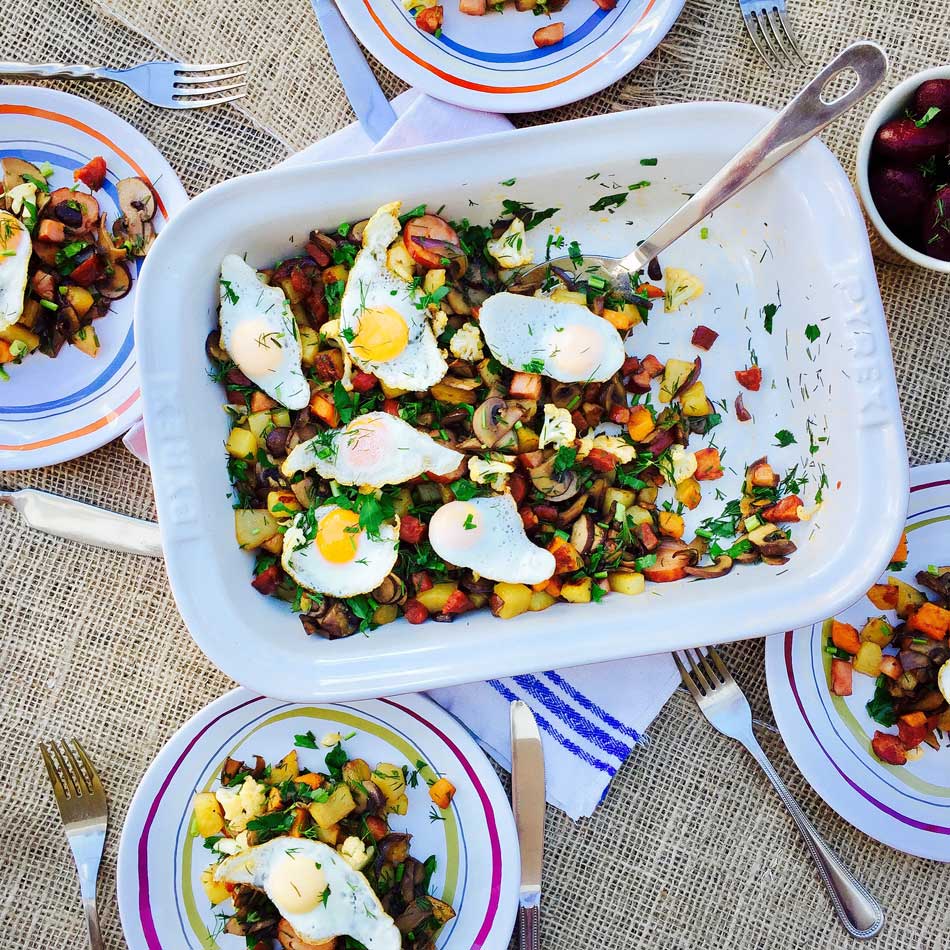 Quail eggs, potato and mushrooms