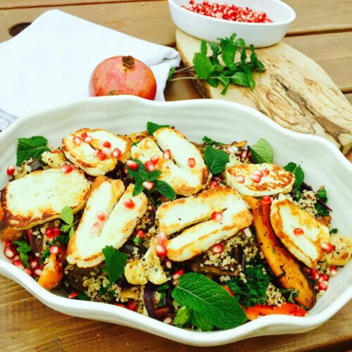 Quinoa, roast vegetables, halloumi cheese zaatar pomegranate salad