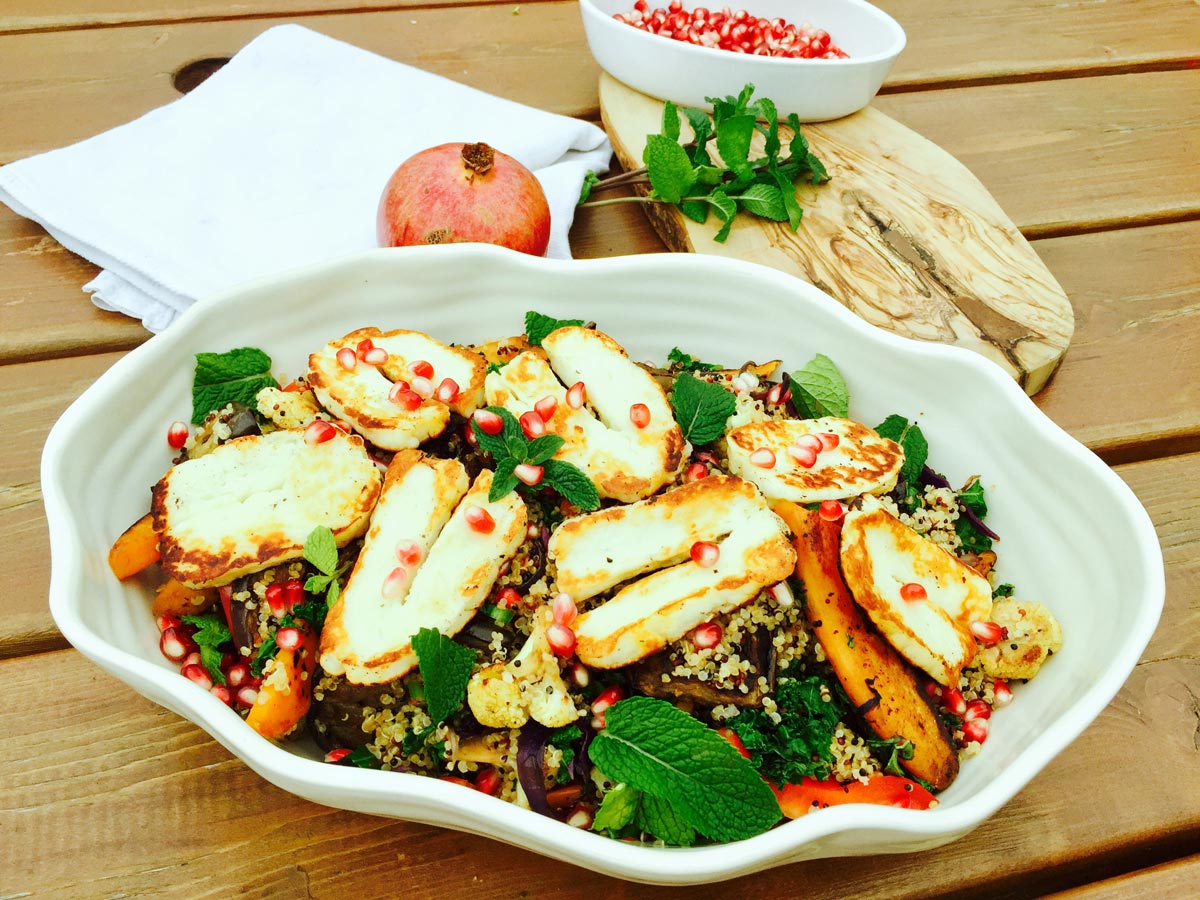 Quinoa, roast vegetables, halloumi cheese zaatar pomegranate salad