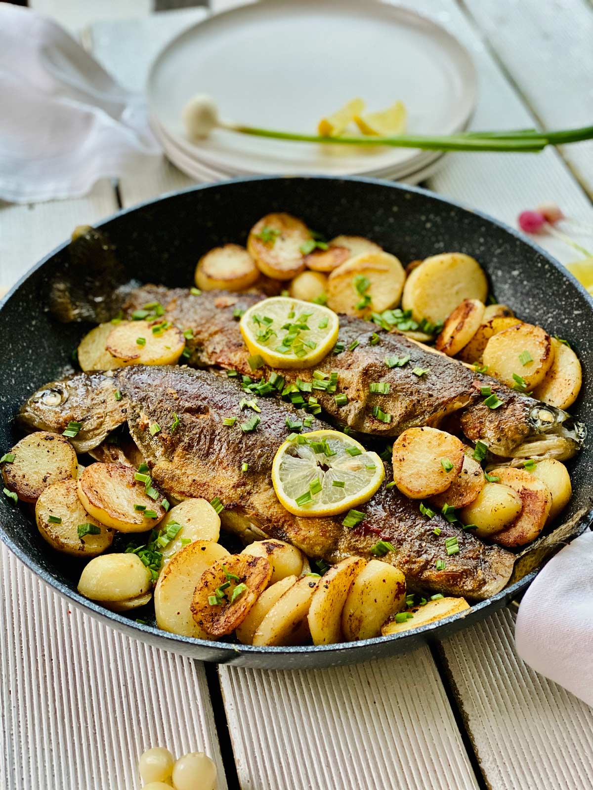 Rainbow Trout With Potatoes And Spring Garlic