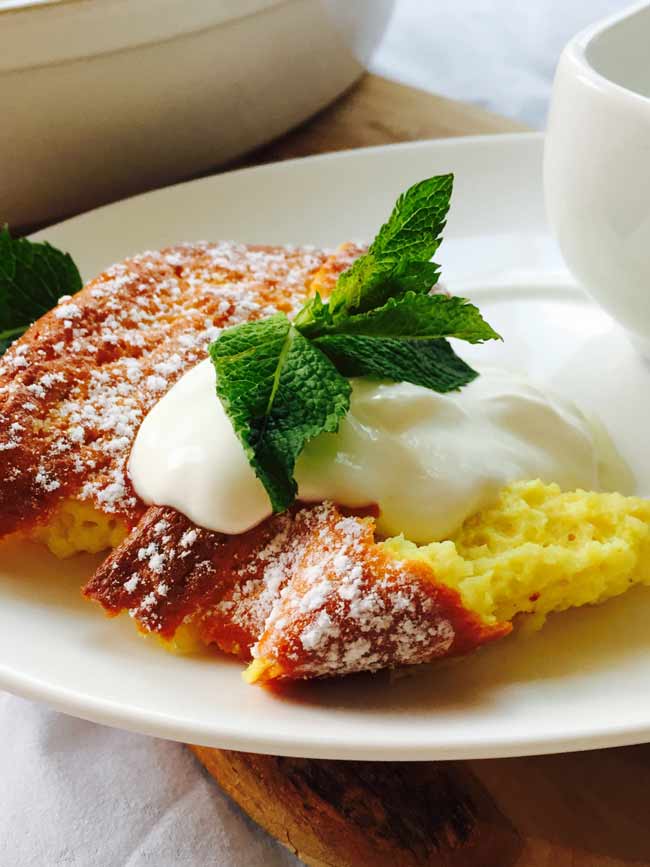 A close-up of this ricotta cheese souffle, with turmeric powder