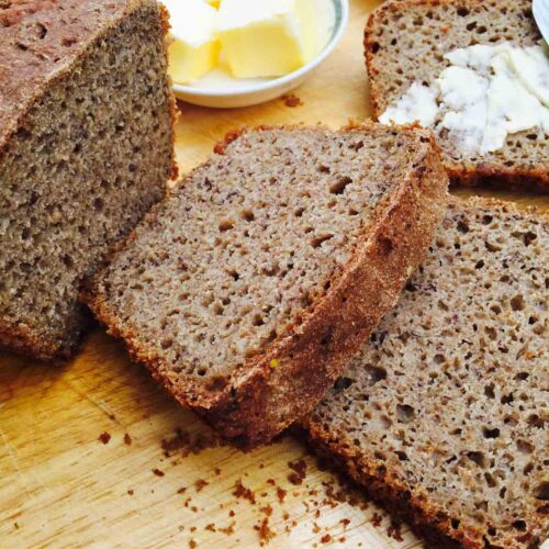 A slice of sourdough rye and ground linseed bread