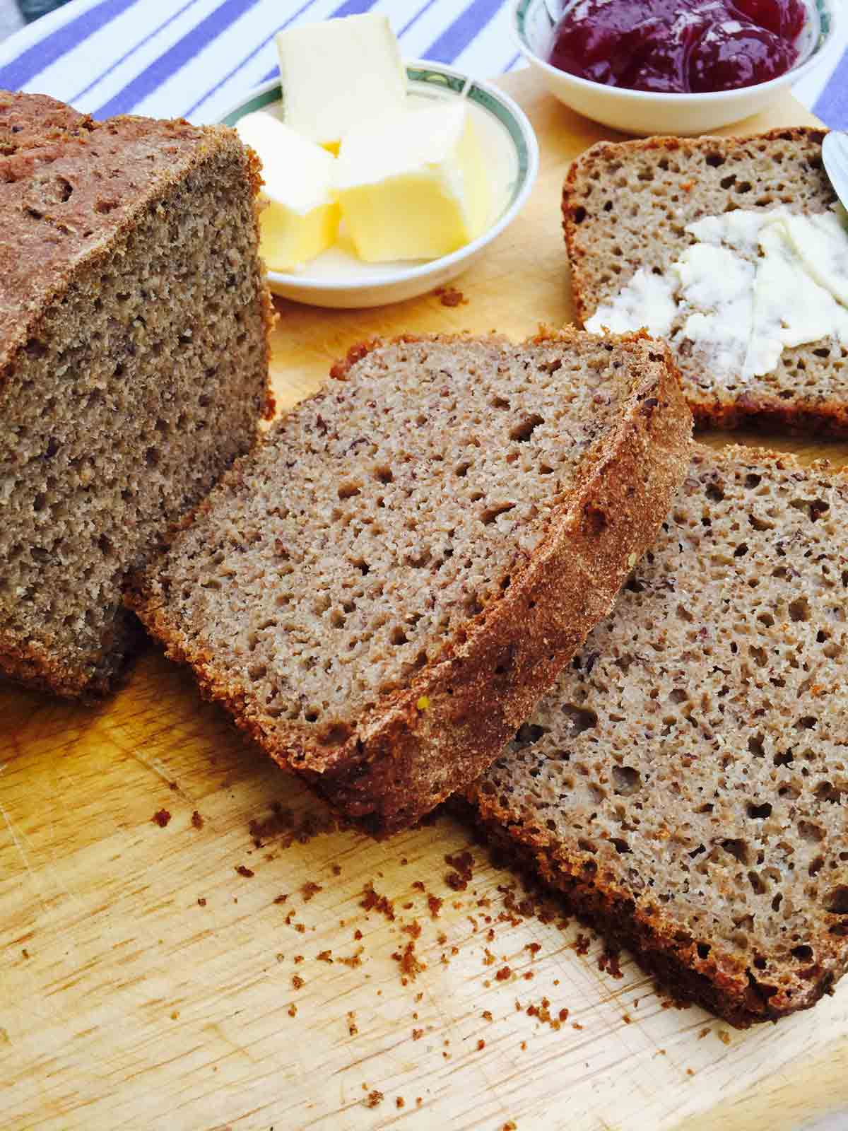 A slice of sourdough rye and ground linseed bread