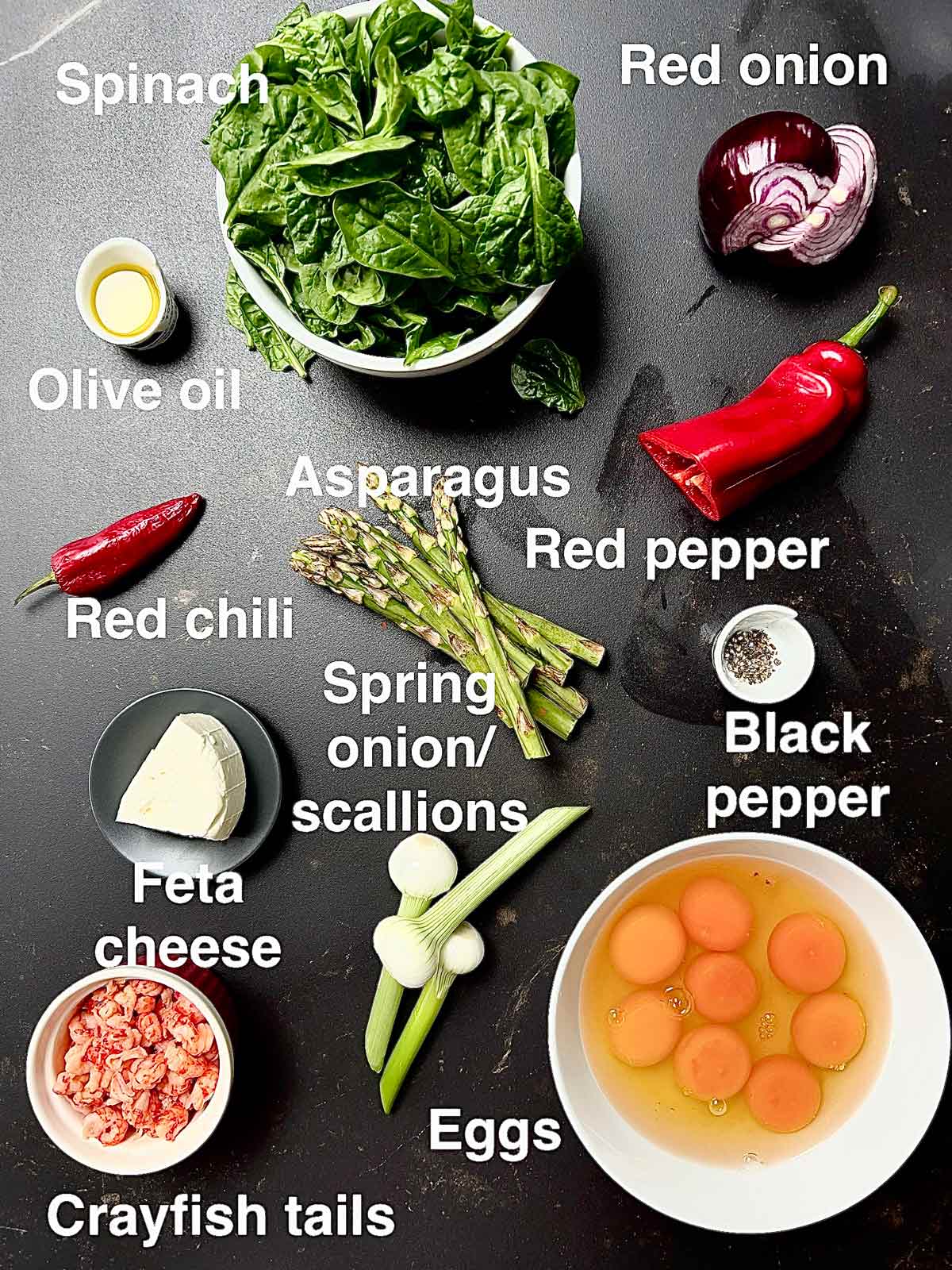 Ingredients needed for spinach and feta omelette.