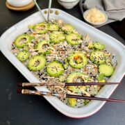 Finished off sushi, bake with sliced avocado, sprinkled with black and white sesame seeds, and I generous drizzle off sushi sauce.