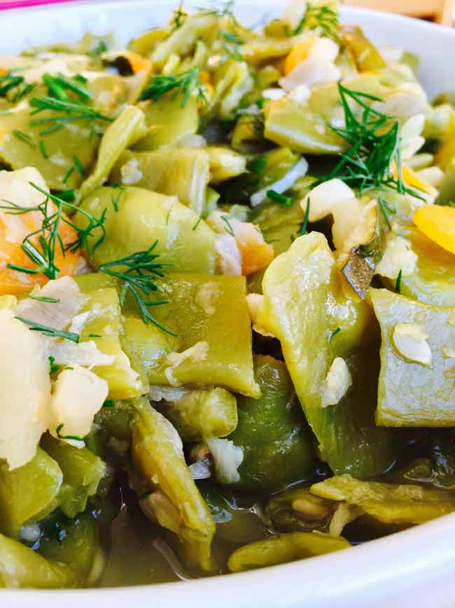 A close-up of the tasty green beans dish.