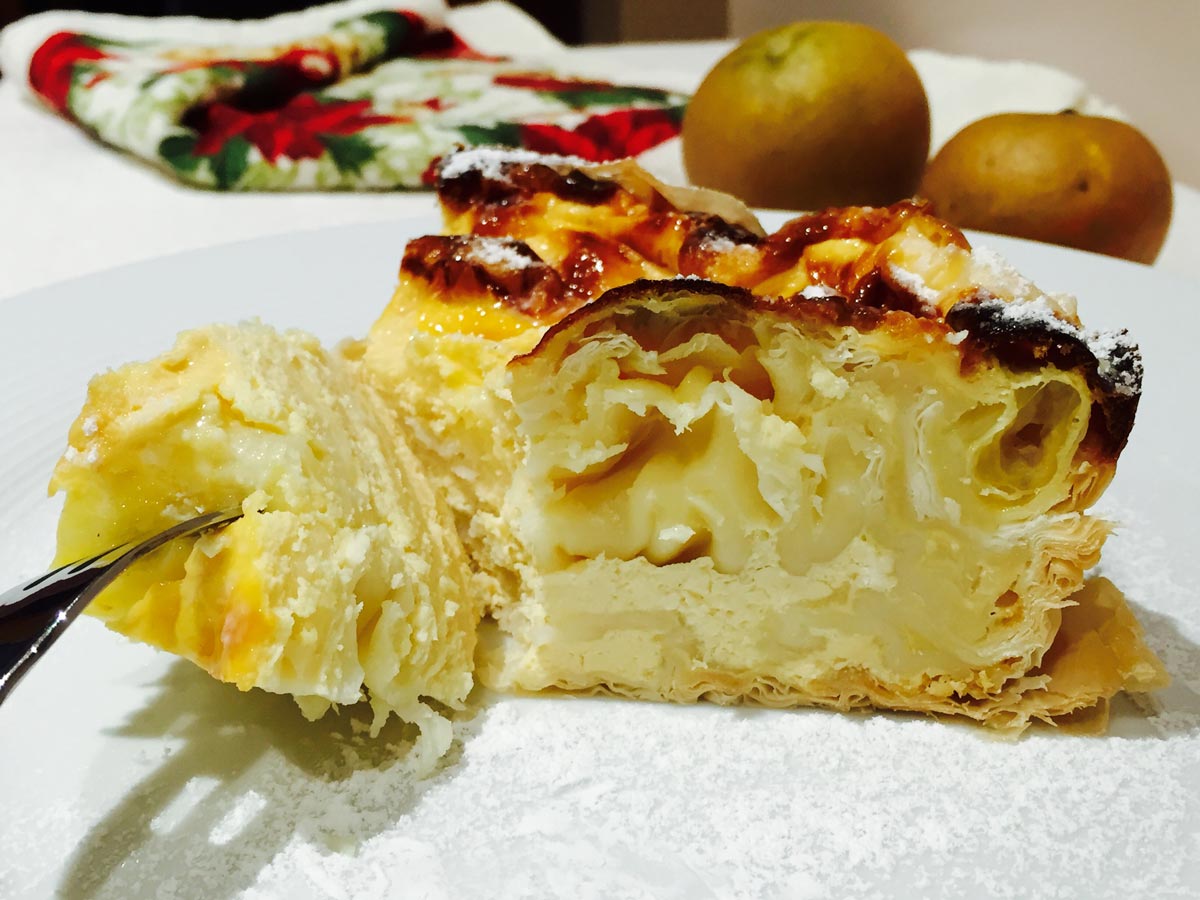 Turmeric feta cheese cake, on a white plate